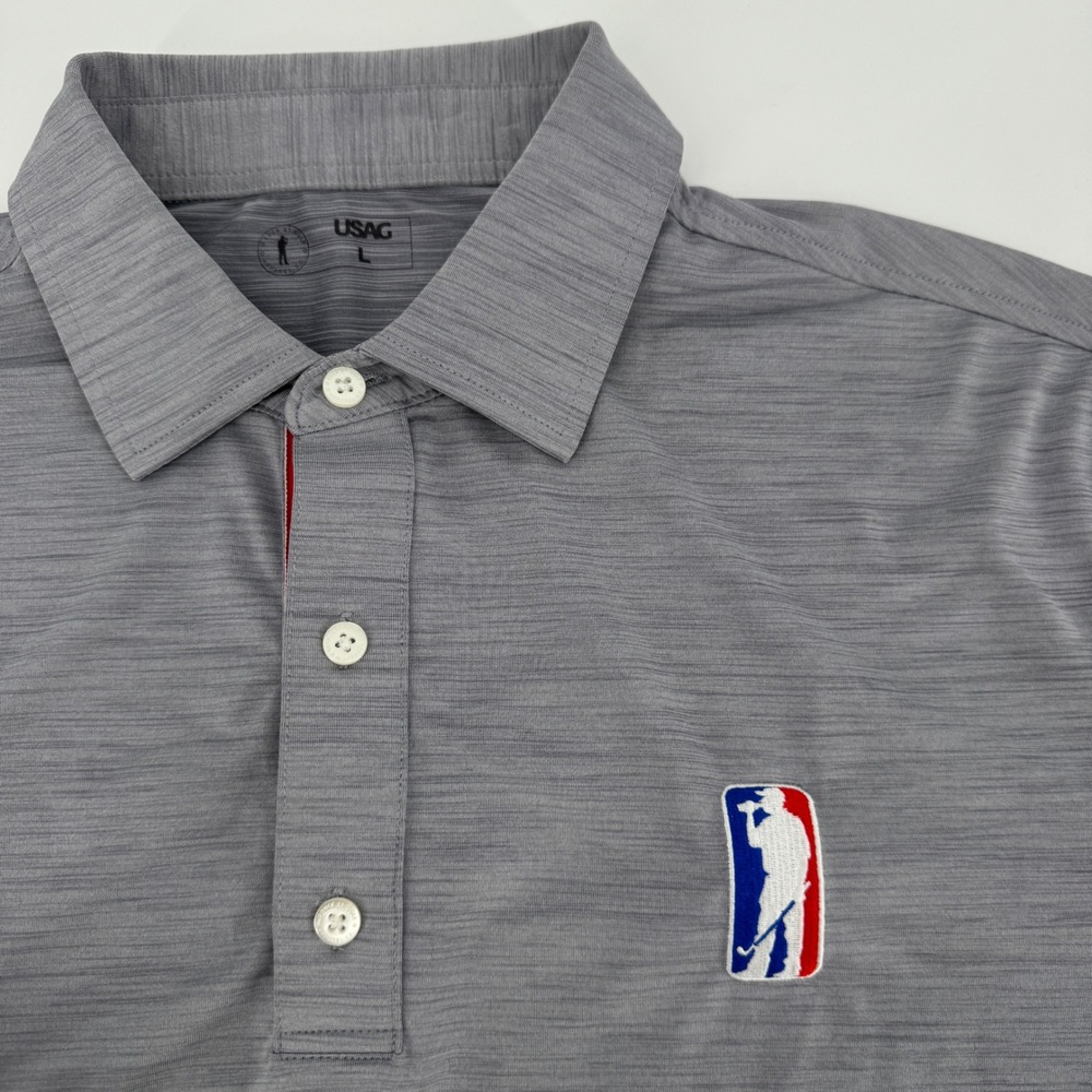 USAG U Suck At Golf Mens Large Gray Performance Polo Shirt Short Sleeve Stretch